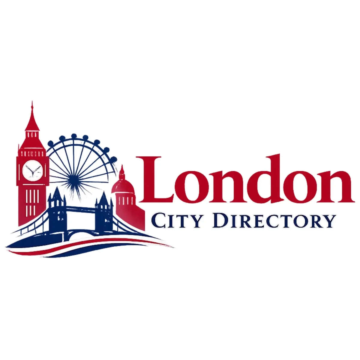 London City Directory logo in red and navy, with a red and navy illustration of Big Ben, the London Eye and Tower Bridge
