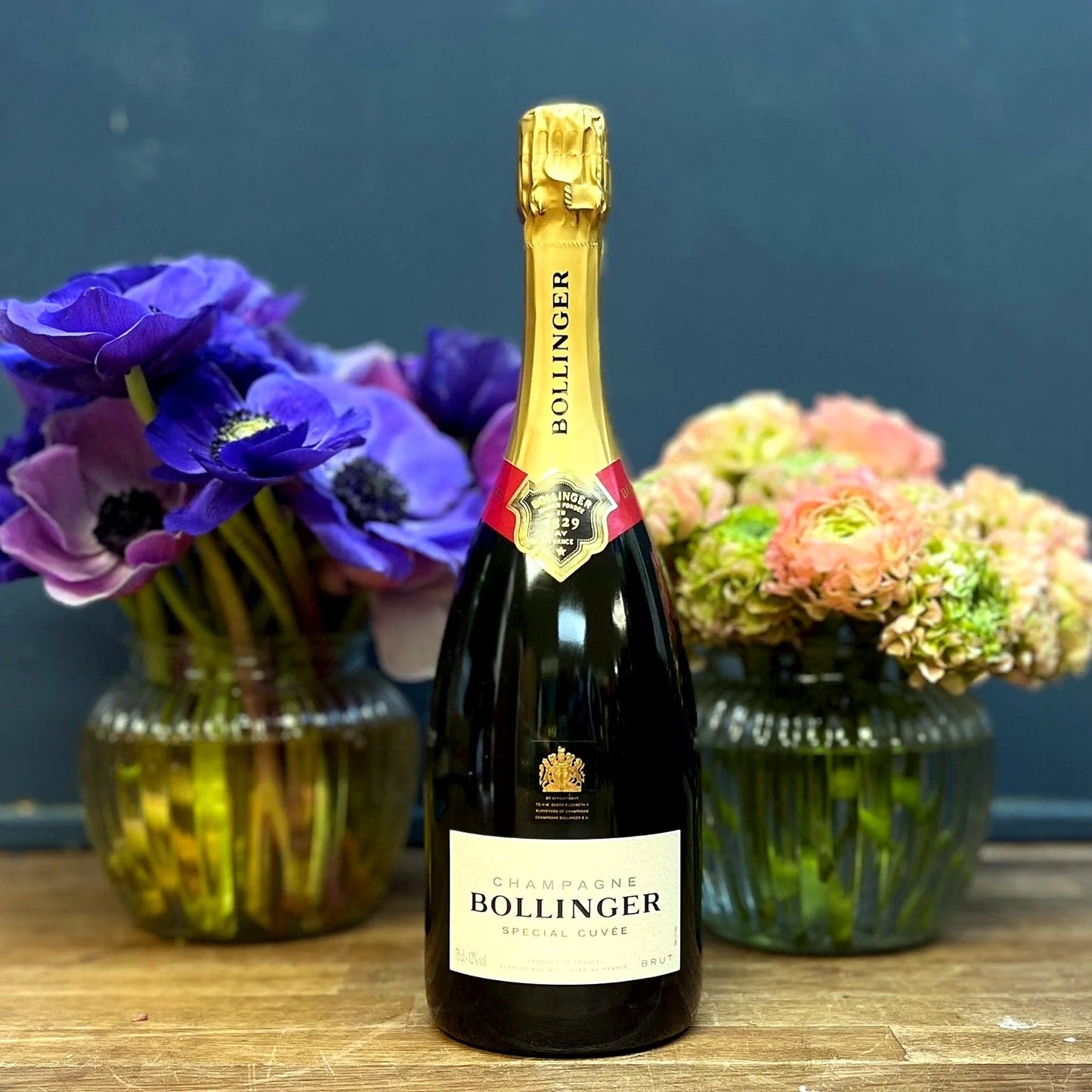 Champagne and fresh flower gift arrangement by Pulbrook & Gould, London