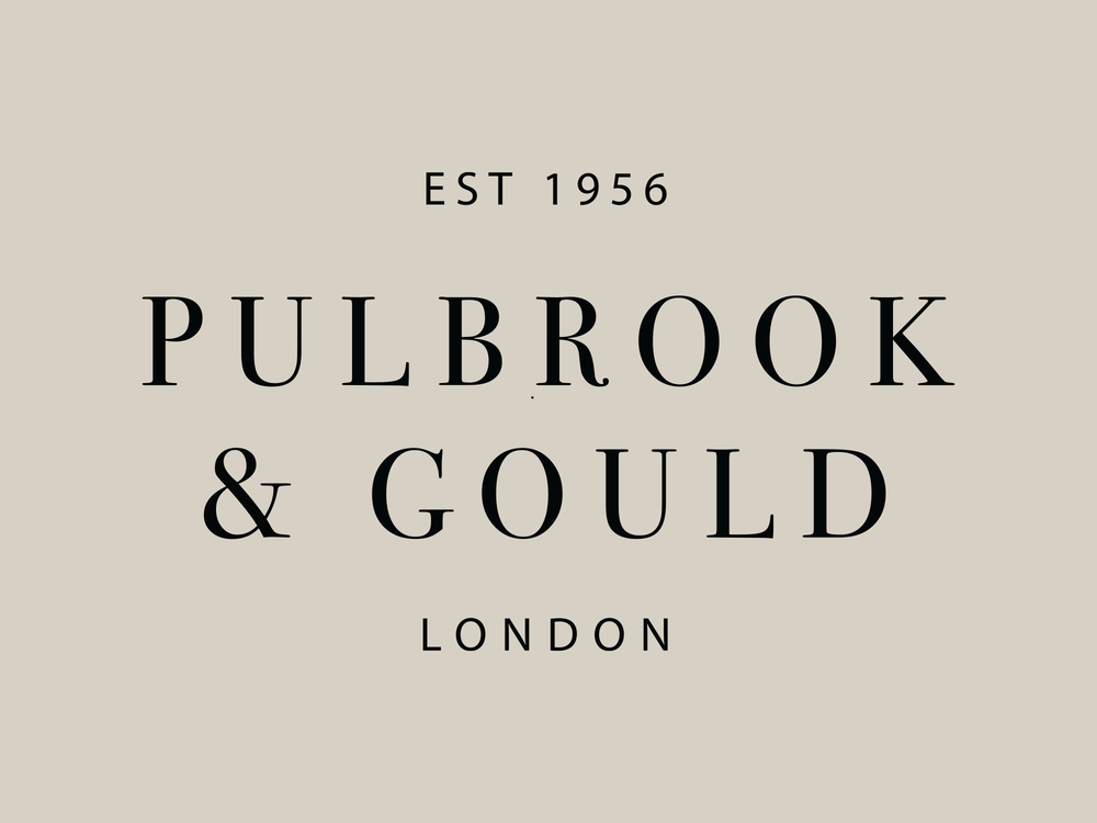 Brand name 'Pulbrook & Gould London' with establishment year on a beige background
