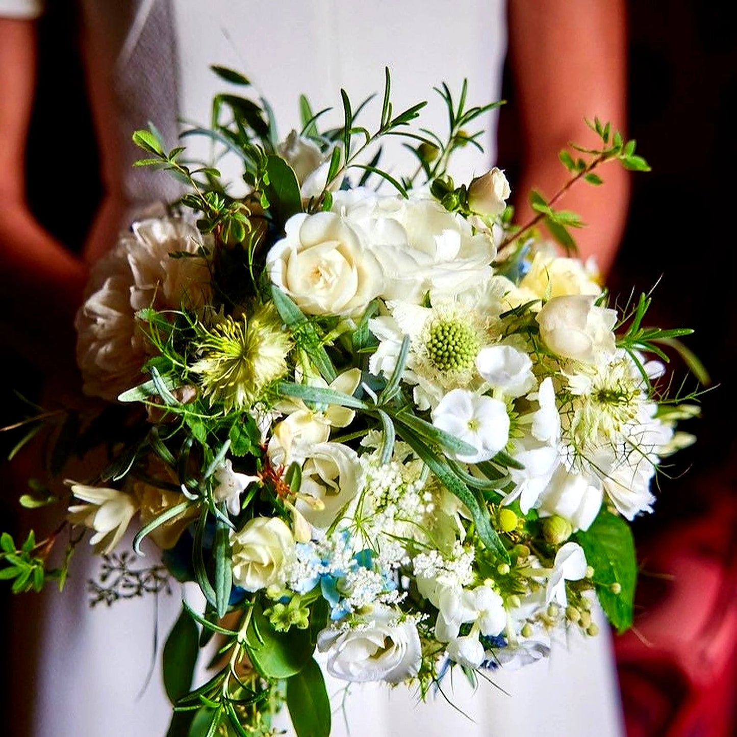 Bridal Bouquets Class - bride holding white and green bouquet, by Pulbrook & Gould