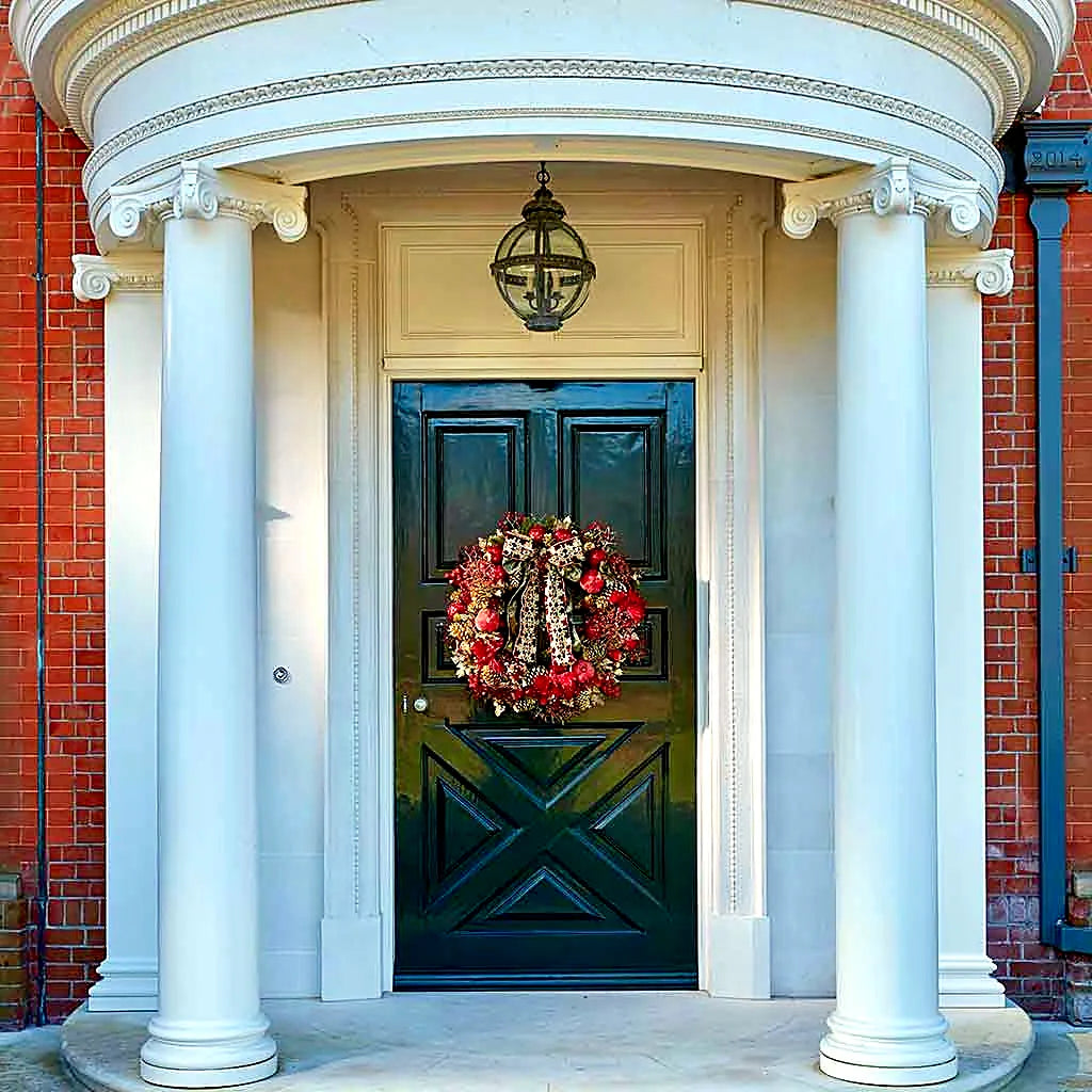 Red and gold Christmas wreath on a grand London townhouse door by Pulbrook & Gould