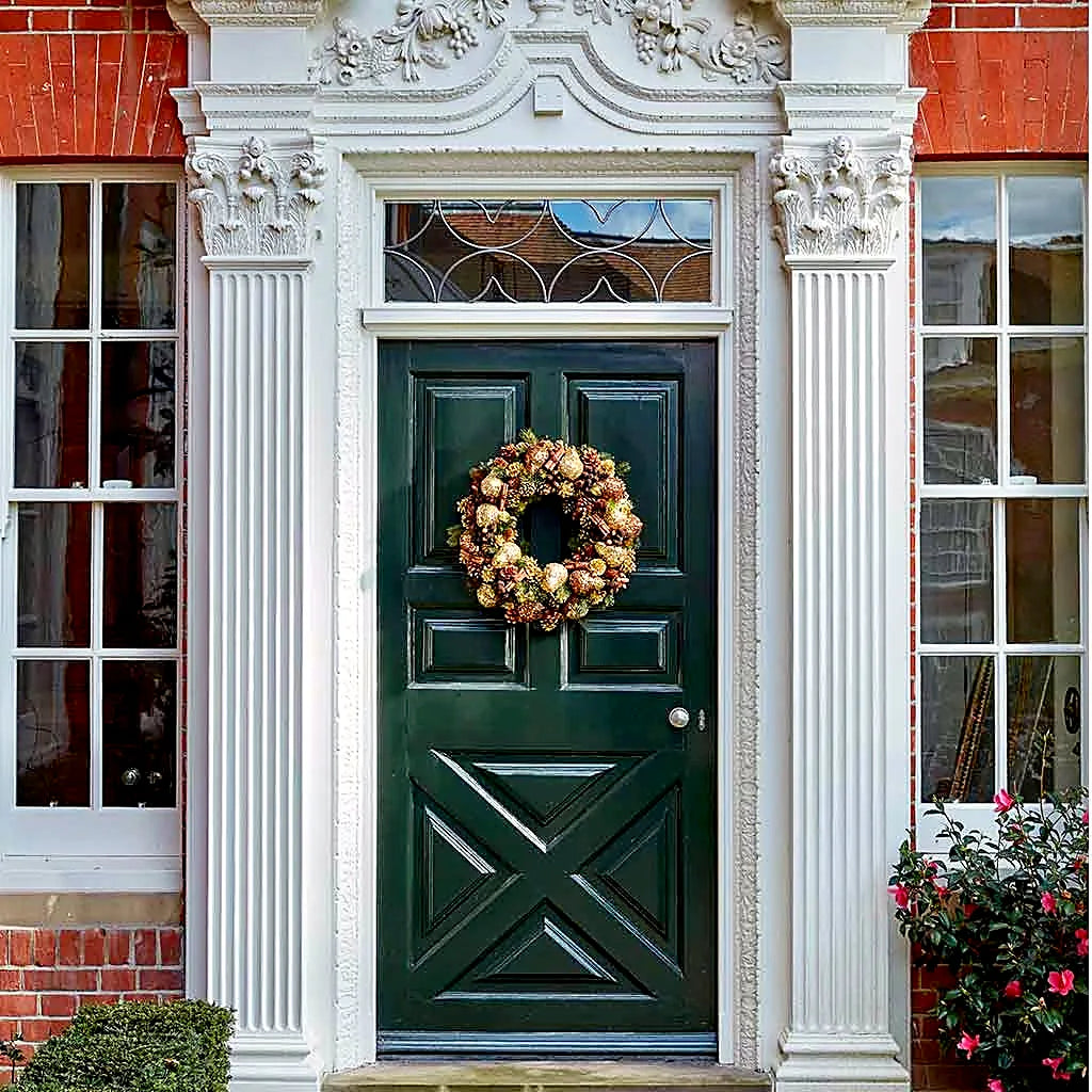Pinecone and gold Christmas wreath on a green London townhouse door by Pulbrook & Gould