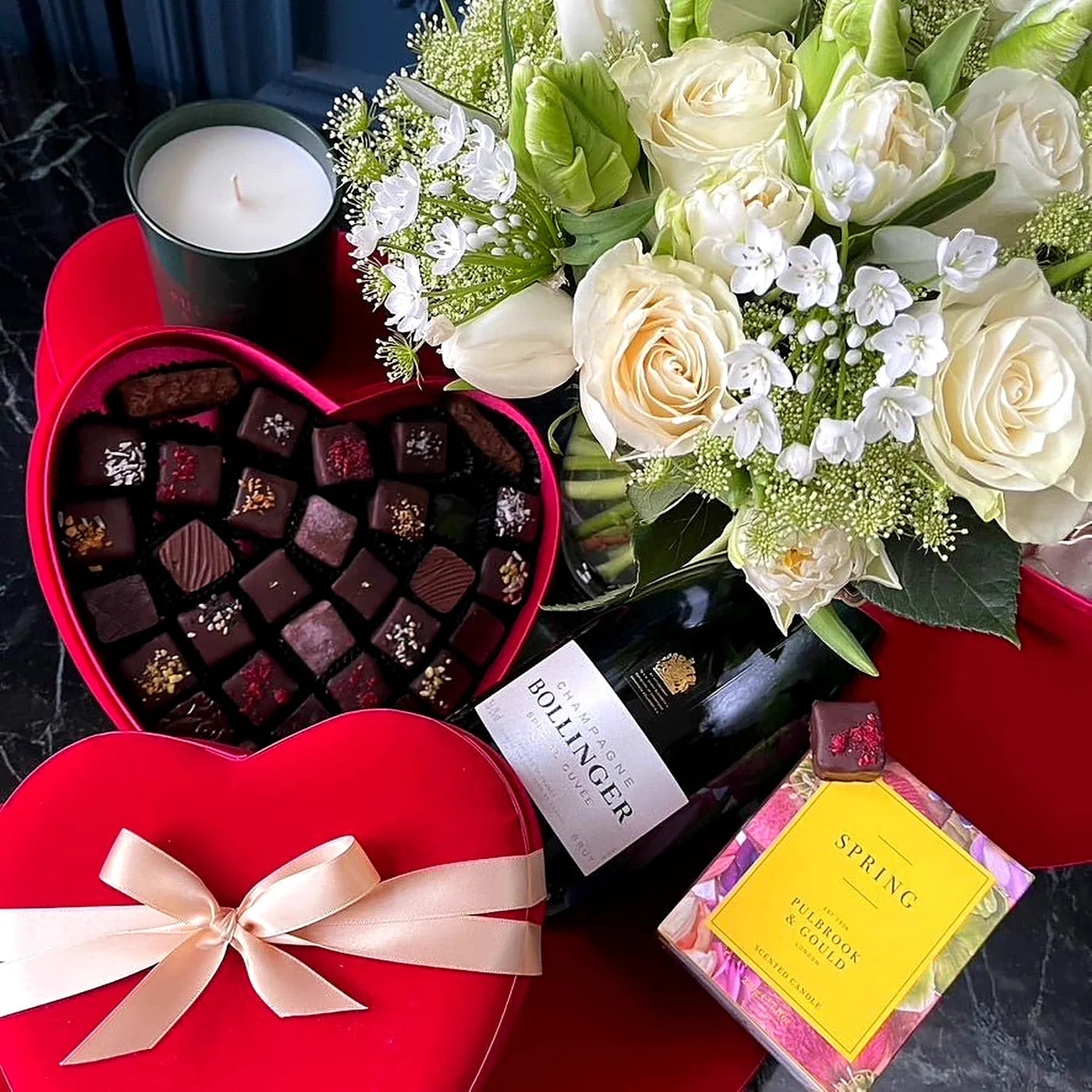 Constance Gift Set by Pulbrook and Gould gift set hamper for London delivery with red heart chocolates, roses and candle