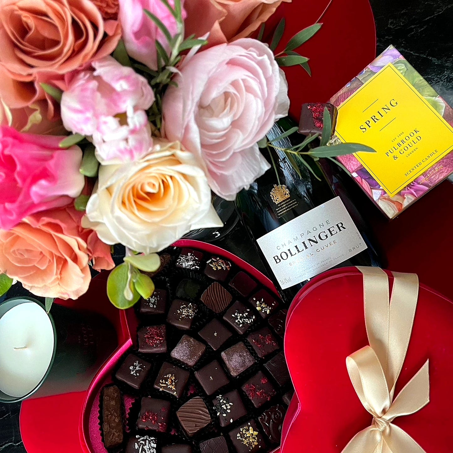 Constance Gift Set by Pulbrook Gould gift set hamper for London delivery with white roses and seasonal flowers