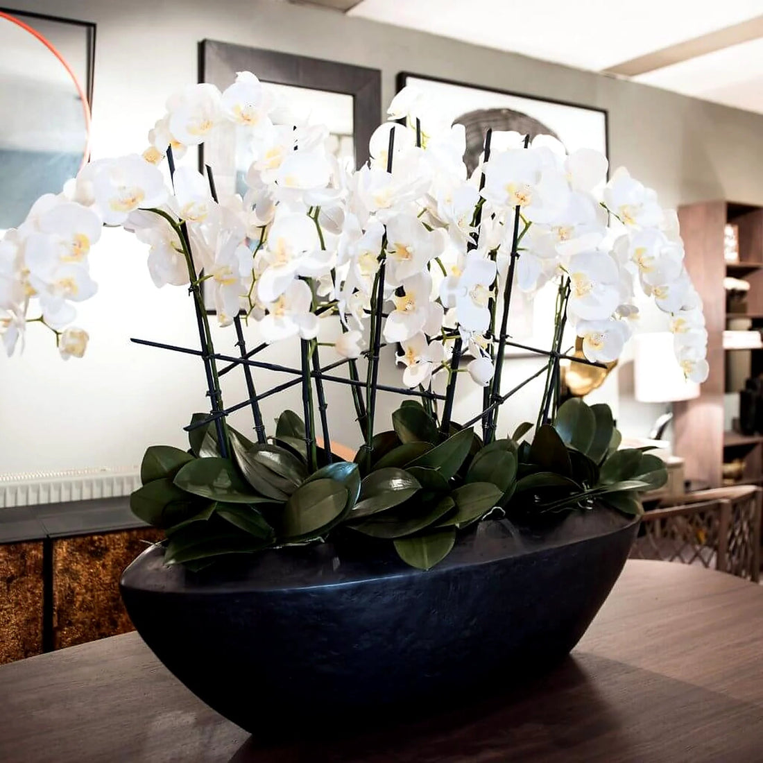 Faux Phalaenopsis Orchid Arrangement by Pulbrook and Gould, white artificial silk flowers in an oval planter