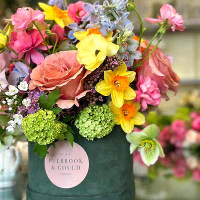 
                    
                      Floral Hatbox Class by Pulbrook and Gould hatbox floral workshop take home class with pink, yellow and green flowers
                    
                  