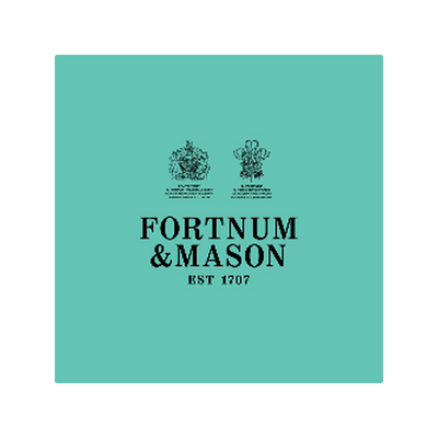 Fortnum and Mason logo on a plain teal background with small crest icons above the text and 1757 below