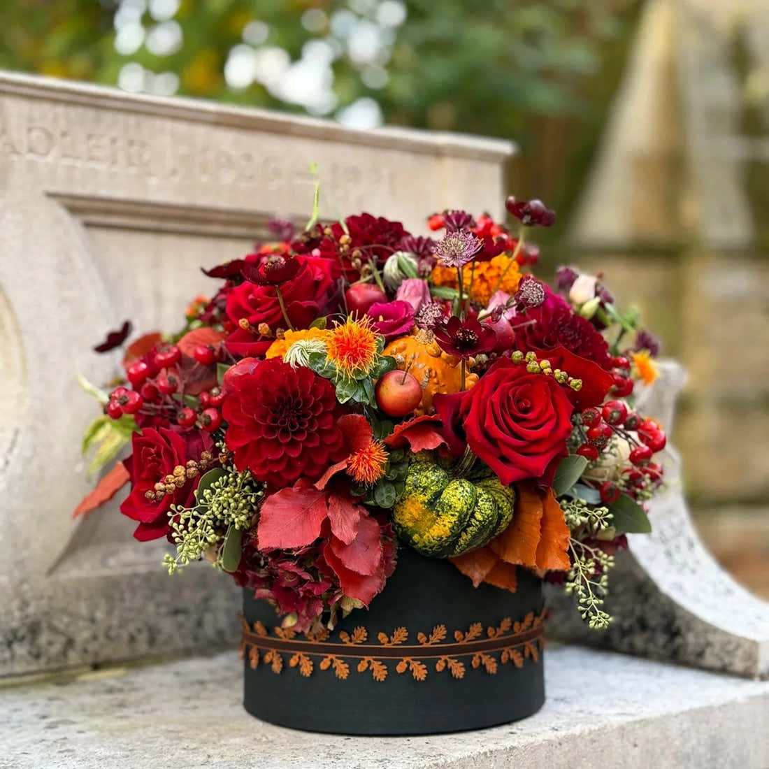 Halloween Hatbox by Pulbrook & Gould, luxury floral arrangement