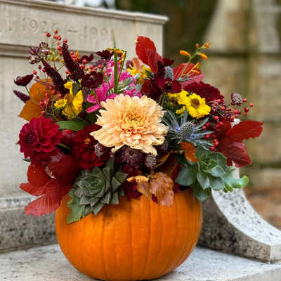 
                    
                      Halloween Pumpkin by Pulbrook & Gould, luxury floral arrangement
                    
                  