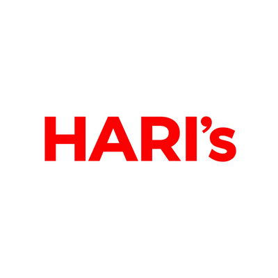 Red text reading Hari's on a plain white background