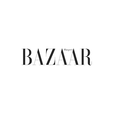 Harper's Bazaar logo with bold black letters and a grey diagonal stripe on a white background