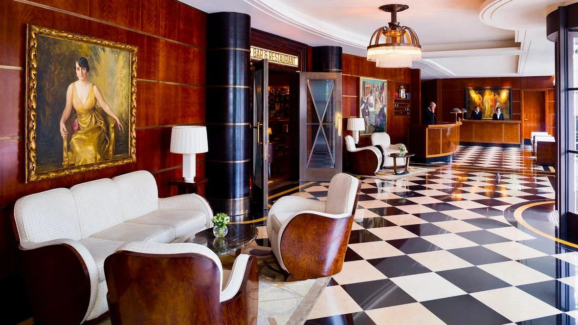 Art deco hotel lobby styled by Pulbrook & Gould, London