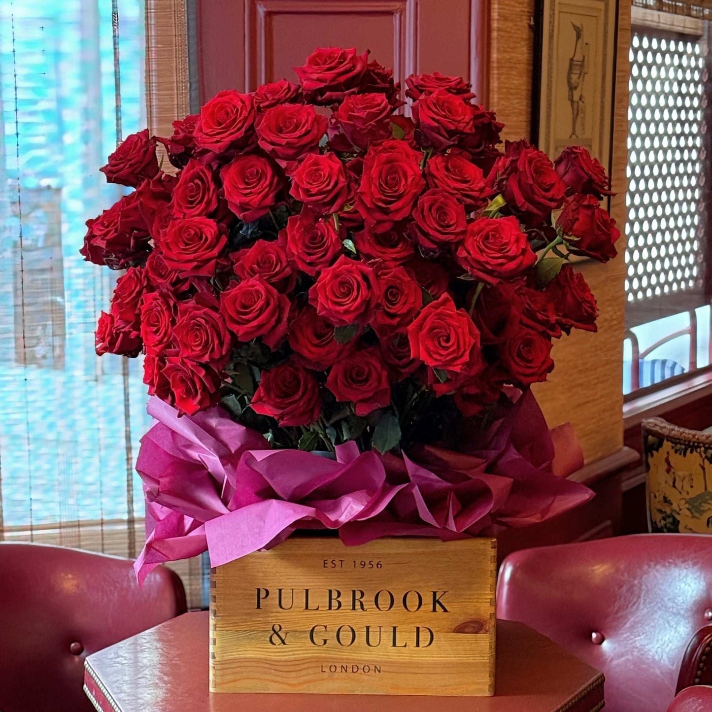 Luxury red rose bouquet in Pulbrook & Gould wooden gift box, London