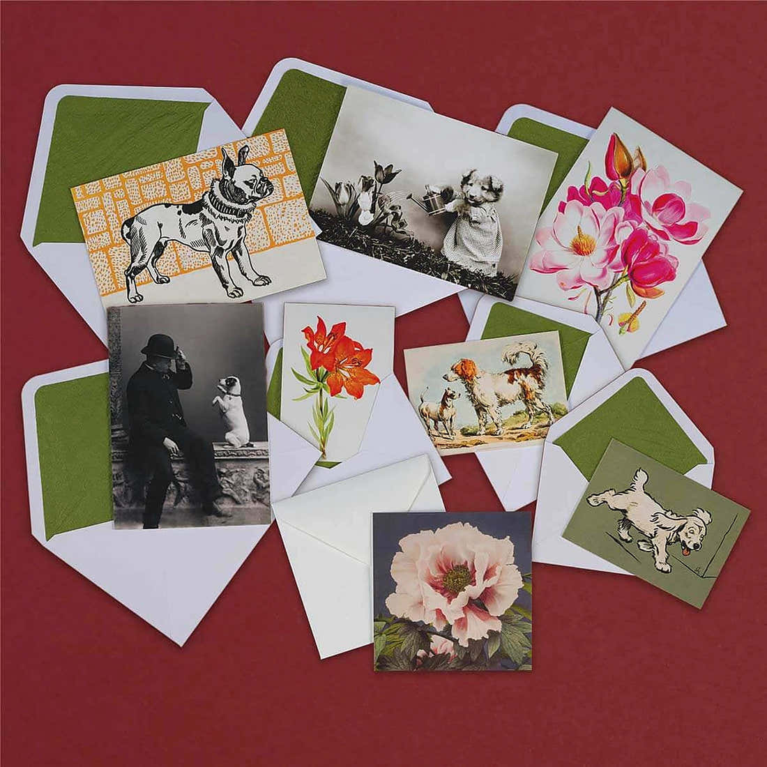Luxury Greeting Cards by Pulbrook and Gould, vintage botanical notecards in red and green with handwritten message service