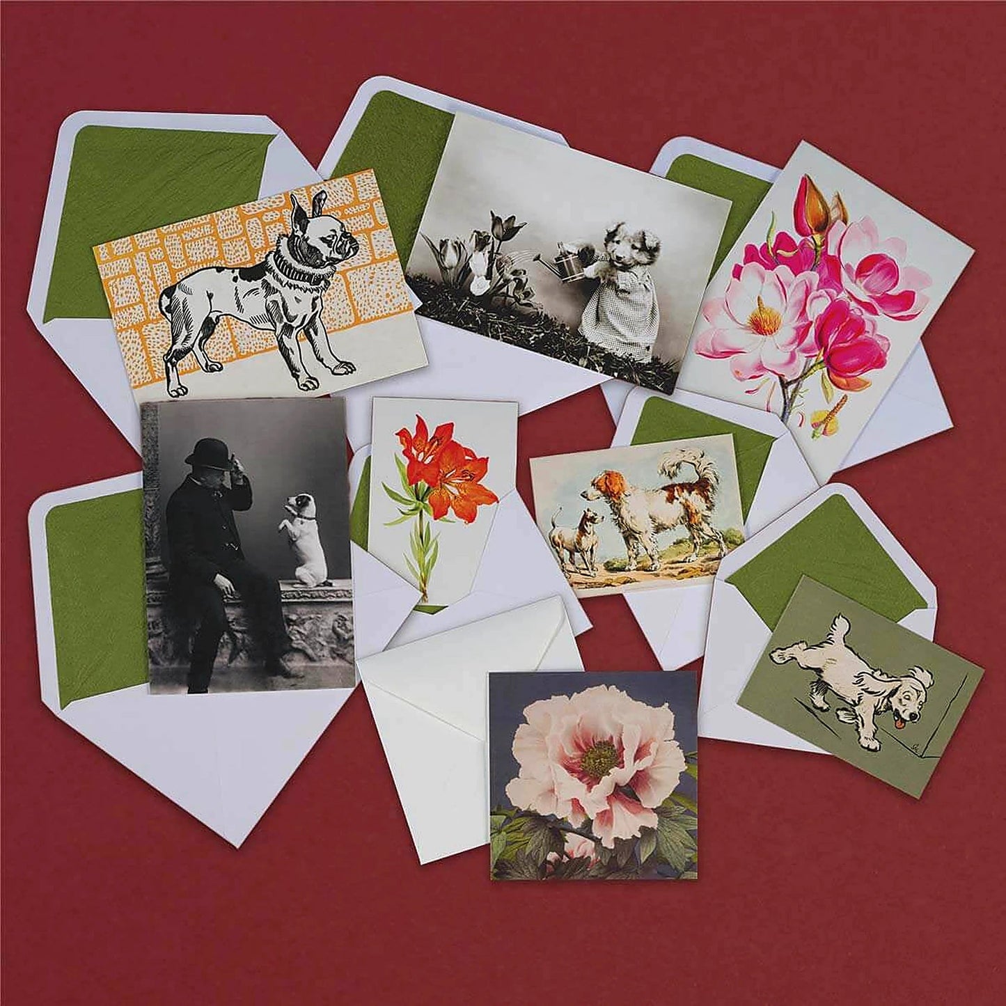 Luxury Greeting Cards by Pulbrook and Gould, vintage botanical notecards in red and green with handwritten message service