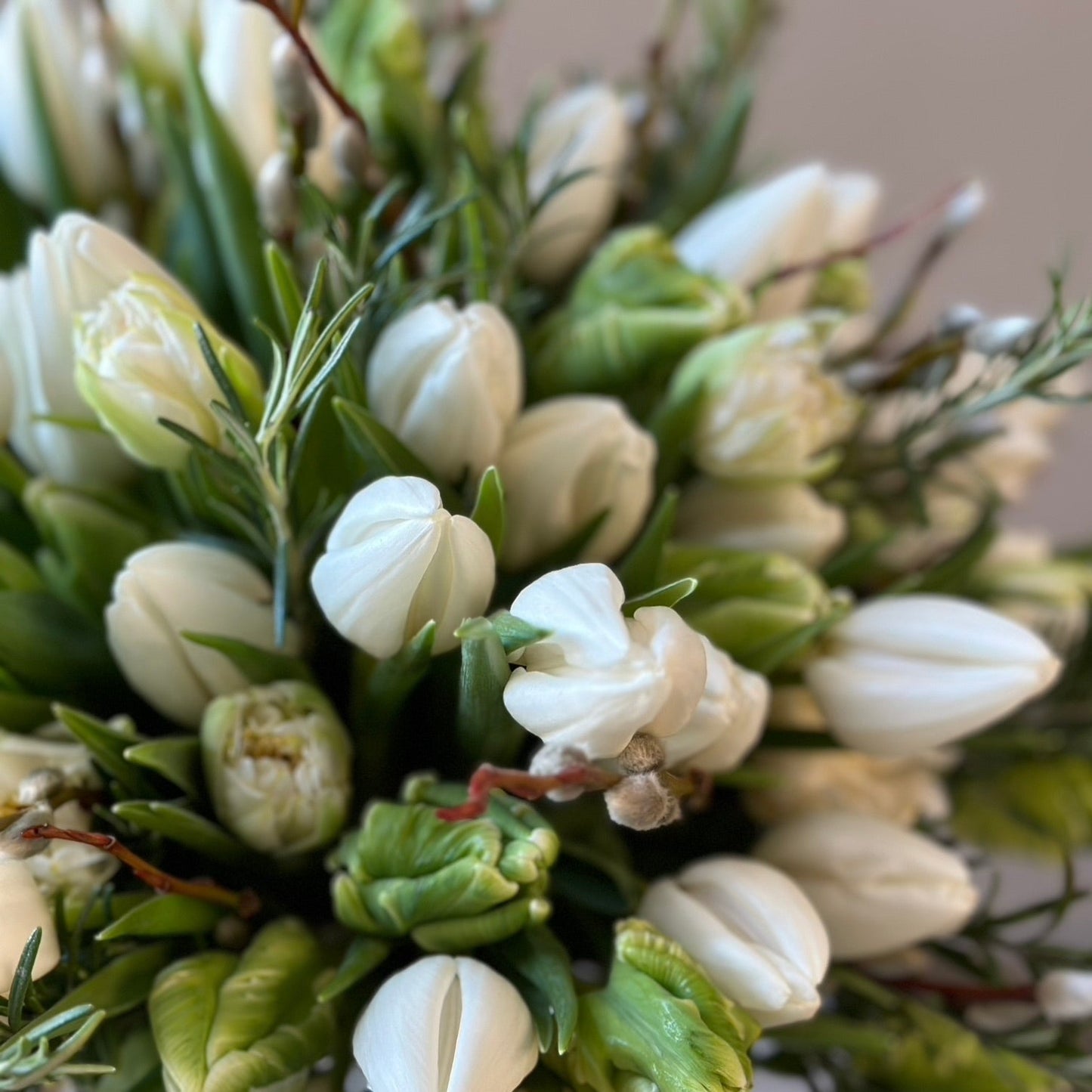 Luxury bouquet of white spring tulips and seasonal greenery