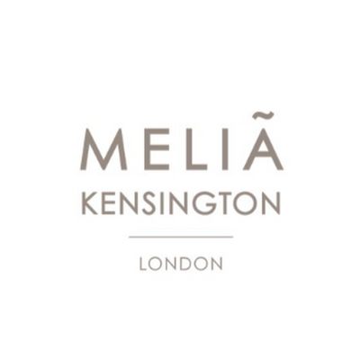 Melia Kensington London logo text on a white background with a small curved accent above the word
