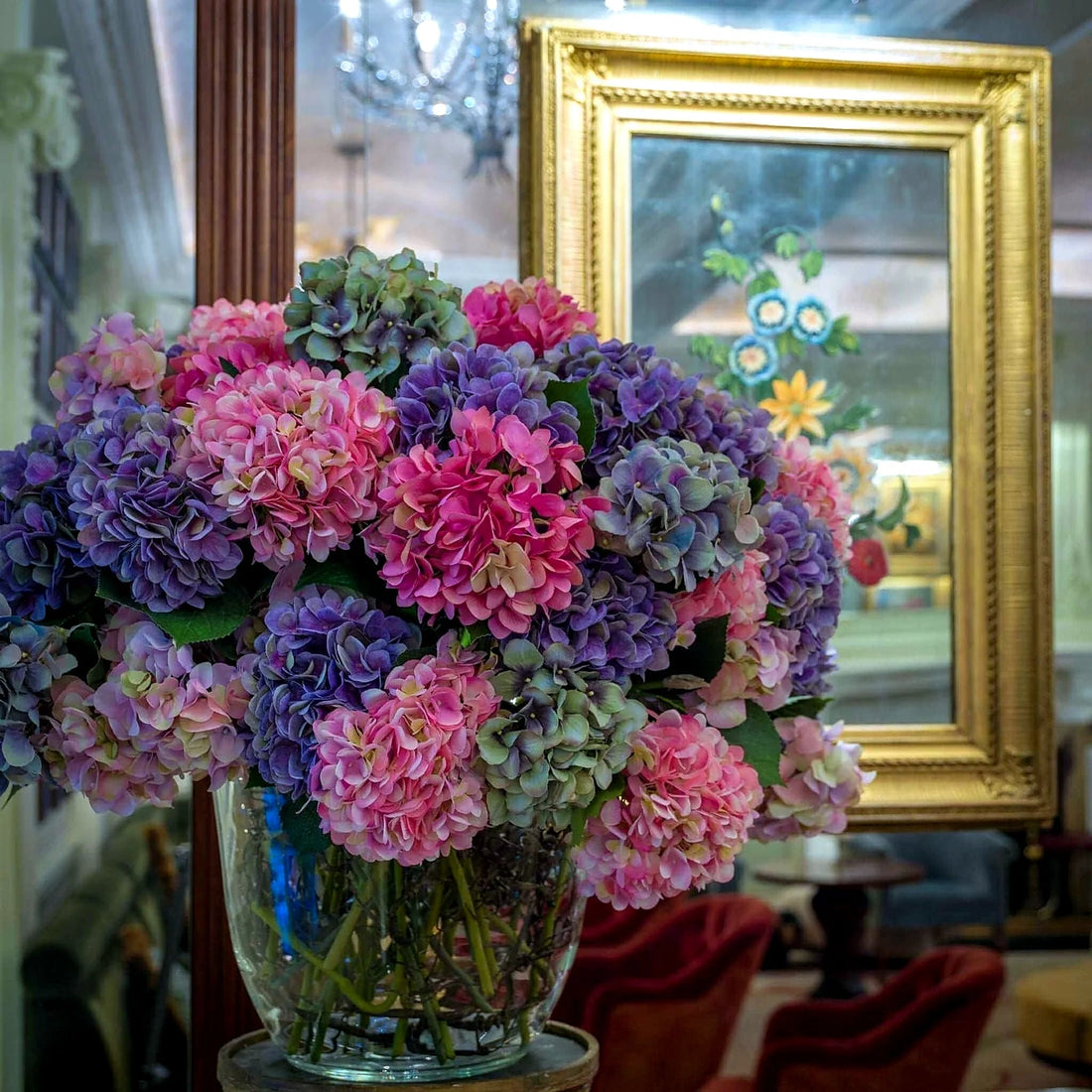 Mixed Faux Hydrangea Vase Arrangement by Pulbrook Gould in clear glass vase with silk hydrangea heads