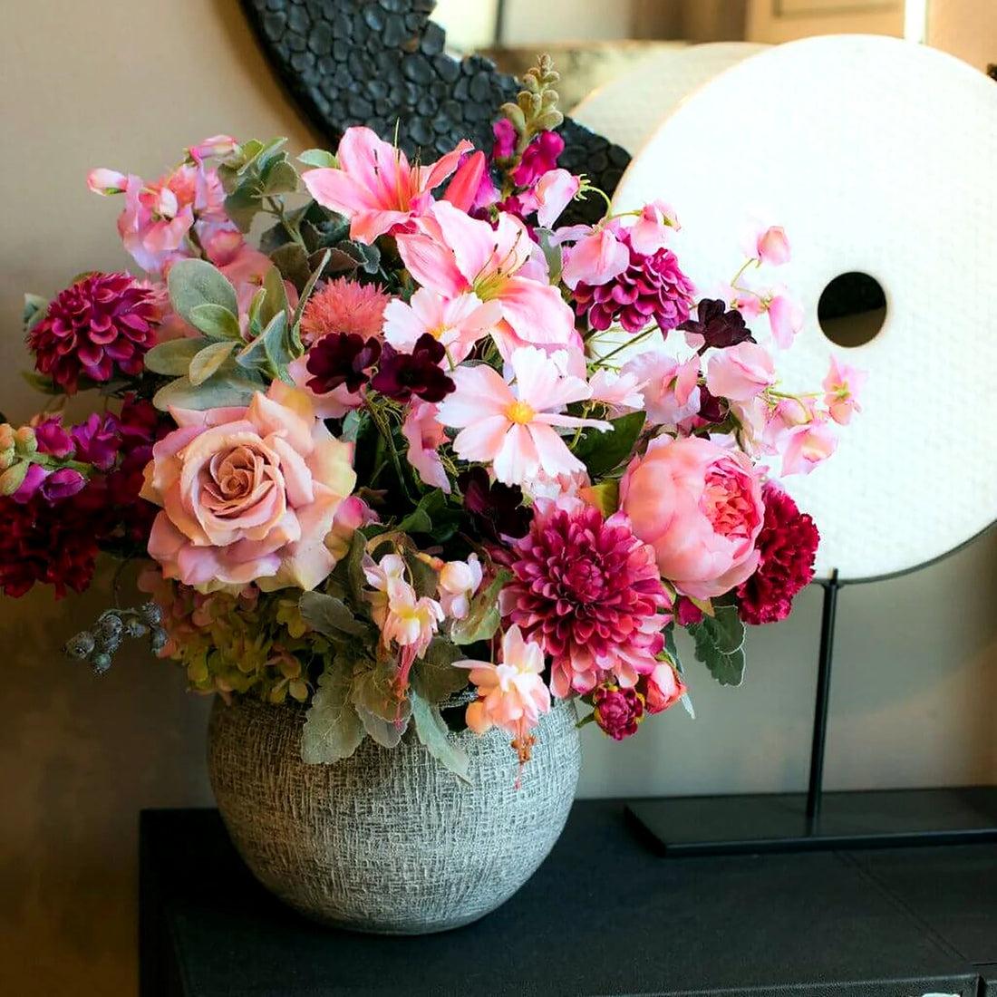 Mixed Silk Dusty Pink Arrangement by Pulbrook Gould faux silk flower arrangement in ceramic vessel