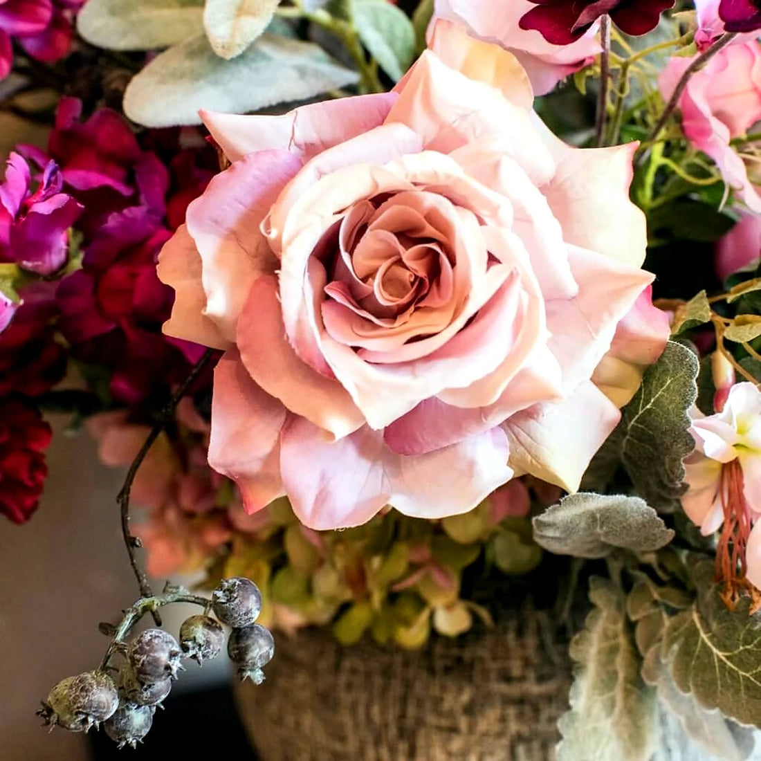 Mixed Silk Dusty Pink Arrangement by Pulbrook Gould faux silk flower arrangement in ceramic vessel