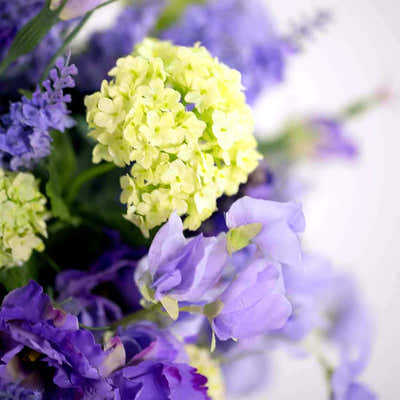 
                    
                      Mixed Silk Summer Blues Pulbrook and Gould faux silk floral arrangement in a clear glass vase with blue and yellow blooms
                    
                  