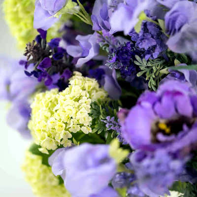 
                    
                      Mixed Silk Summer Blues by Pulbrook and Gould faux silk floral arrangement in a clear glass vase
                    
                  