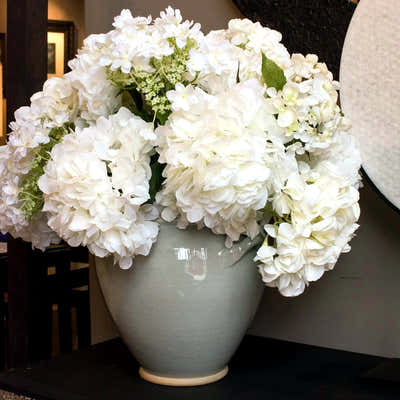 
                    
                      Mixed White Hydrangea Arrangement by Pulbrook Gould faux flower arrangement in ceramic pot with silk hydrangea blooms
                    
                  