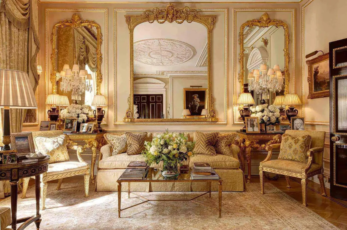 White and green floral arrangement in an elegant London drawing room by Pulbrook & Gould