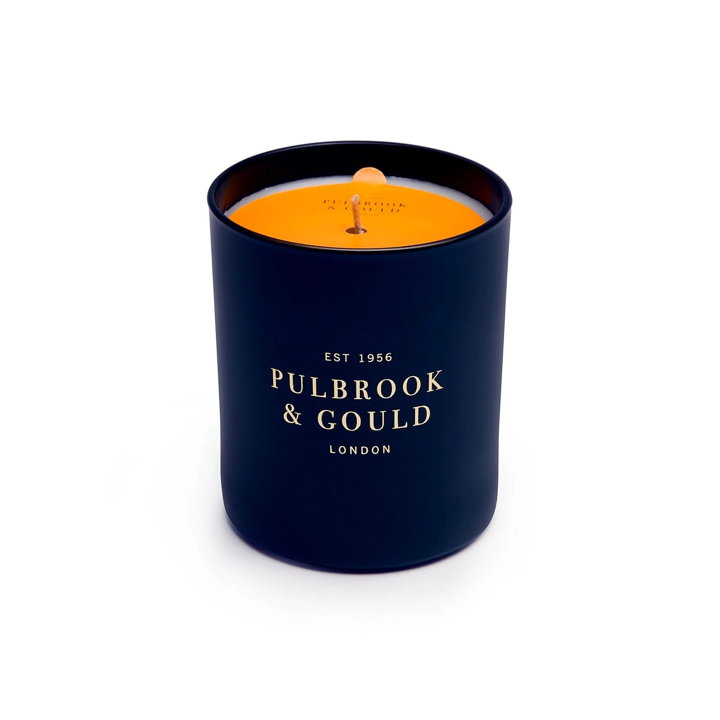 Pulbrook & Gould Autumn Scented Candle lit, showing wax and wick detail