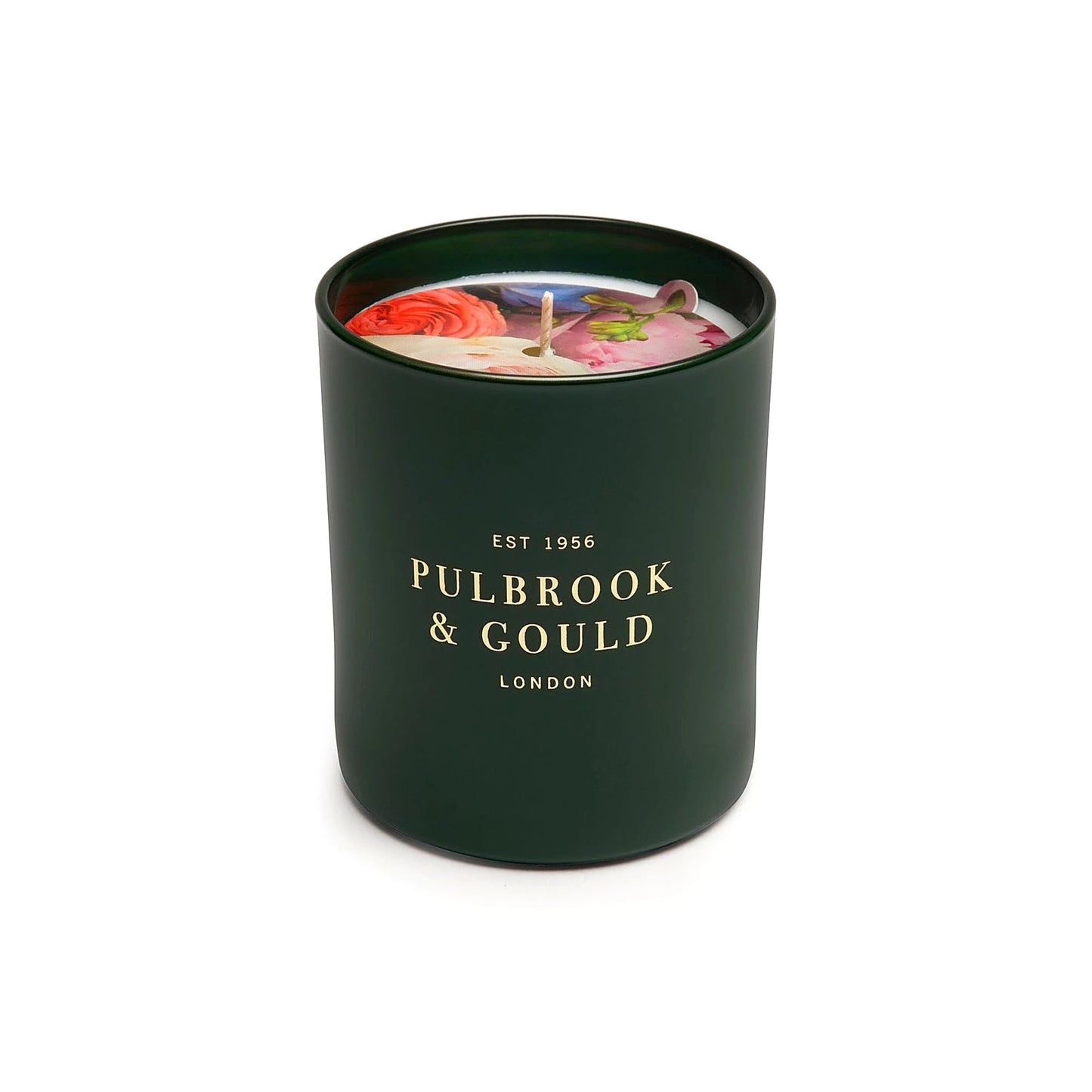 Pulbrook & Gould Signature Scented Candle lit, showing wax and wick detail