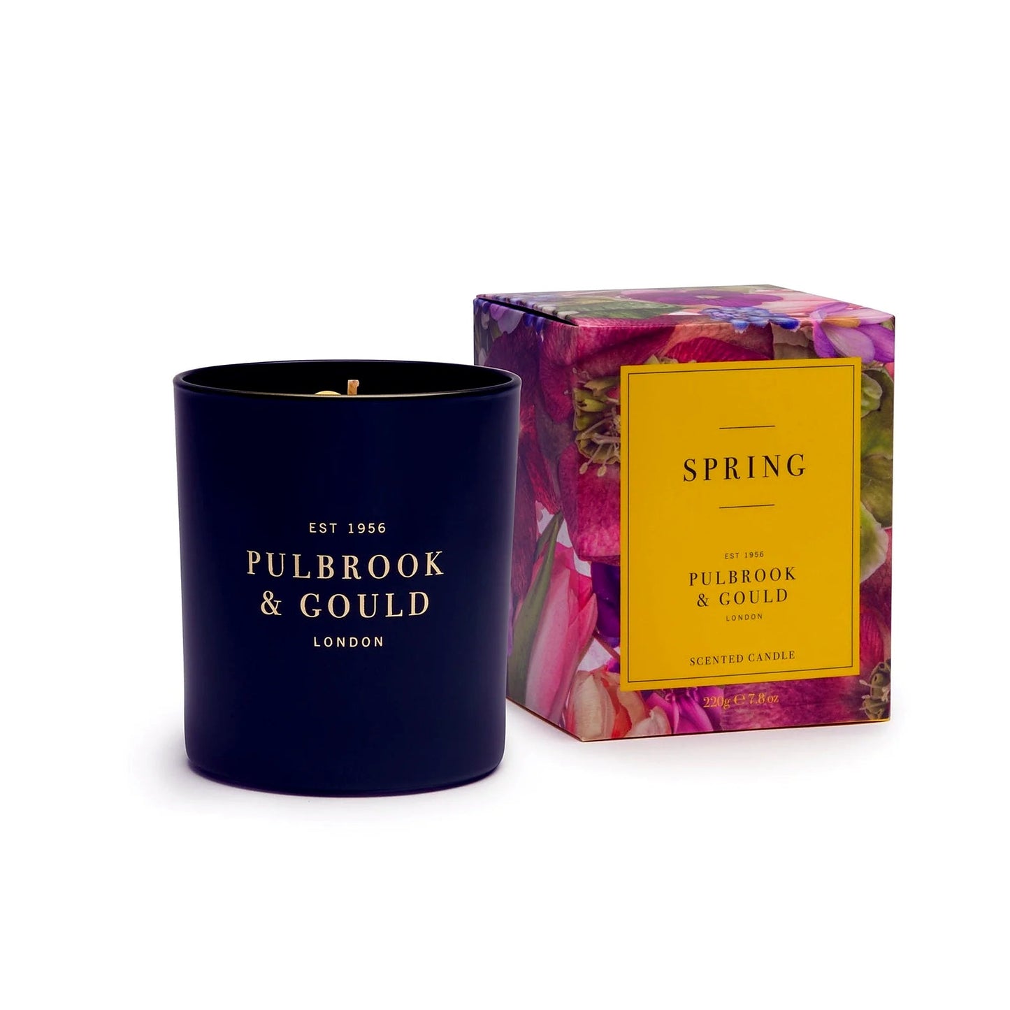 Pulbrook & Gould Spring Scented Candle in dark glass jar with floral gift box