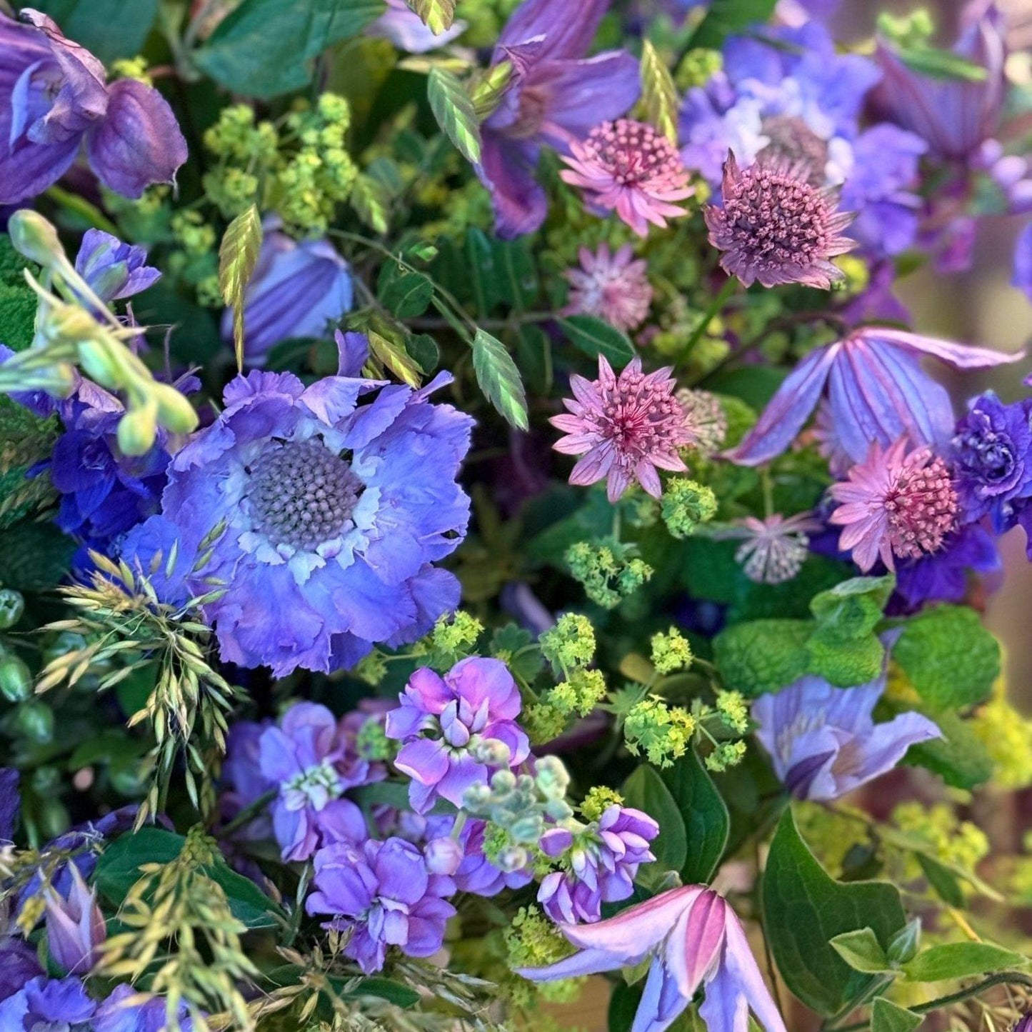 Close-up of astrantia, clematis and delphinium in Summer Blues bouquet by Pulbrook & Gould London
