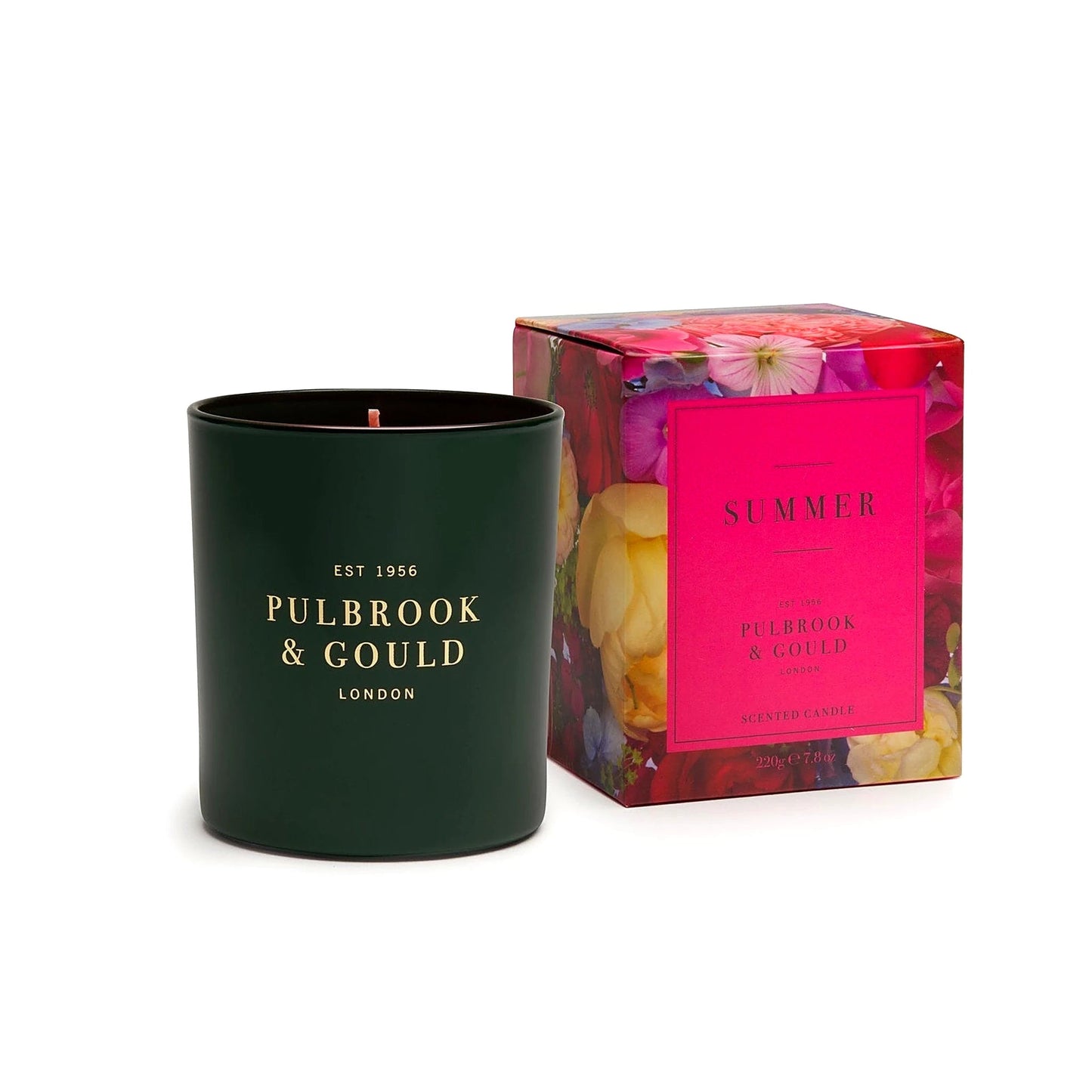 Pulbrook & Gould Summer Scented Candle in dark green glass jar with floral gift box