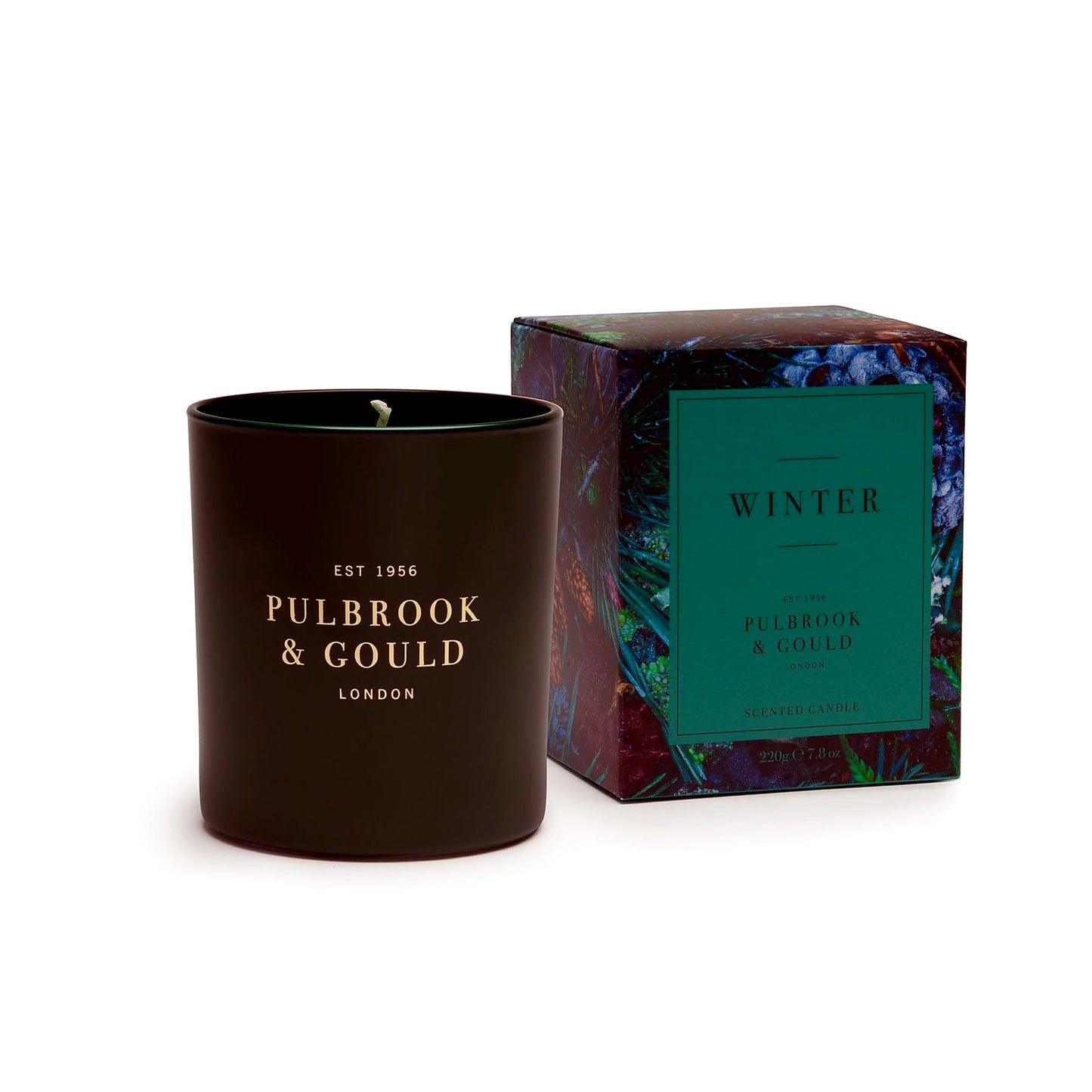 Pulbrook & Gould Winter Scented Candle in dark glass jar with gift box