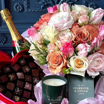 
                    
                      Rosamund Gift Set by Pulbrook Gould gift set hamper with pink rose bouquet and heart shaped chocolates
                    
                  