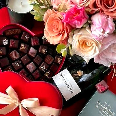 
                    
                      Rosamund Gift Set by Pulbrook Gould gift set hamper with pink roses and heart shaped chocolates box
                    
                  