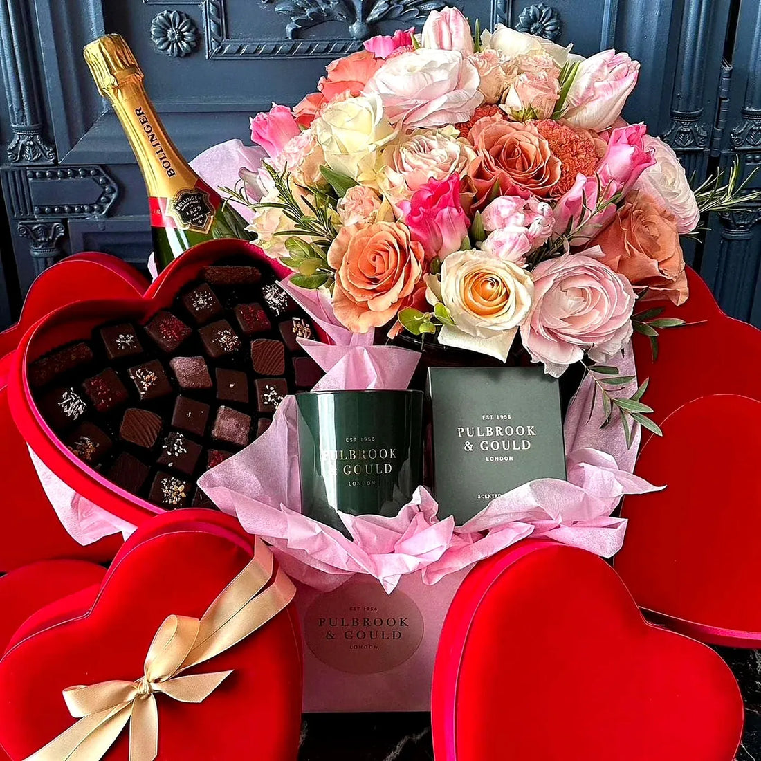 Rosamund Gift Set by Pulbrook Gould gift set hamper with hand tied bouquet of roses, red heart chocolates