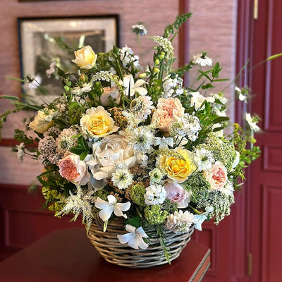 
                    
                      Summer Charm by Pulbrook Gould garden basket floral arrangement with mixed fresh cut roses and peonies
                    
                  