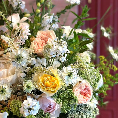 
                    
                      Summer Charm by Pulbrook and Gould garden basket floral arrangement with mixed fresh cut flowers in soft pastel tones
                    
                  