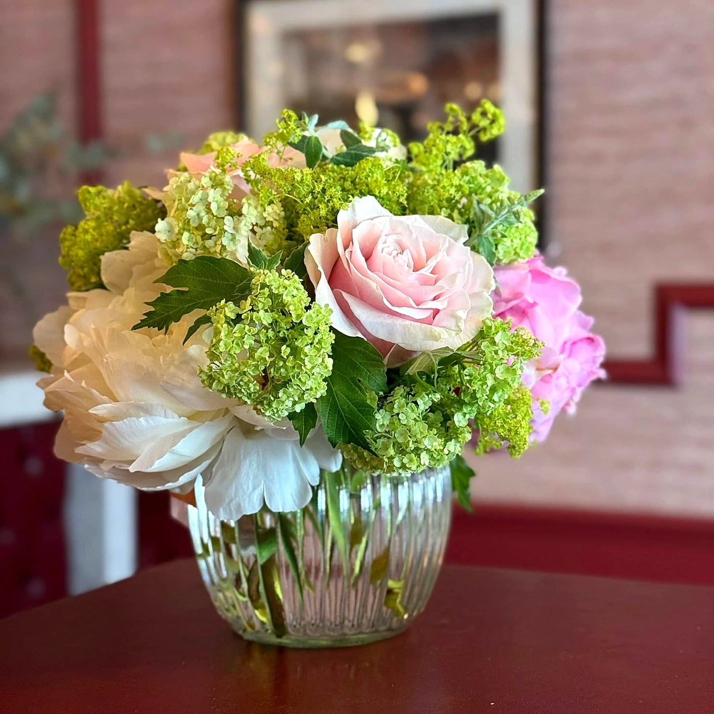 Summer Mornings Posy by Pulbrook and Gould hand-tied posy of fresh-cut flowers with pink rose and green foliage
