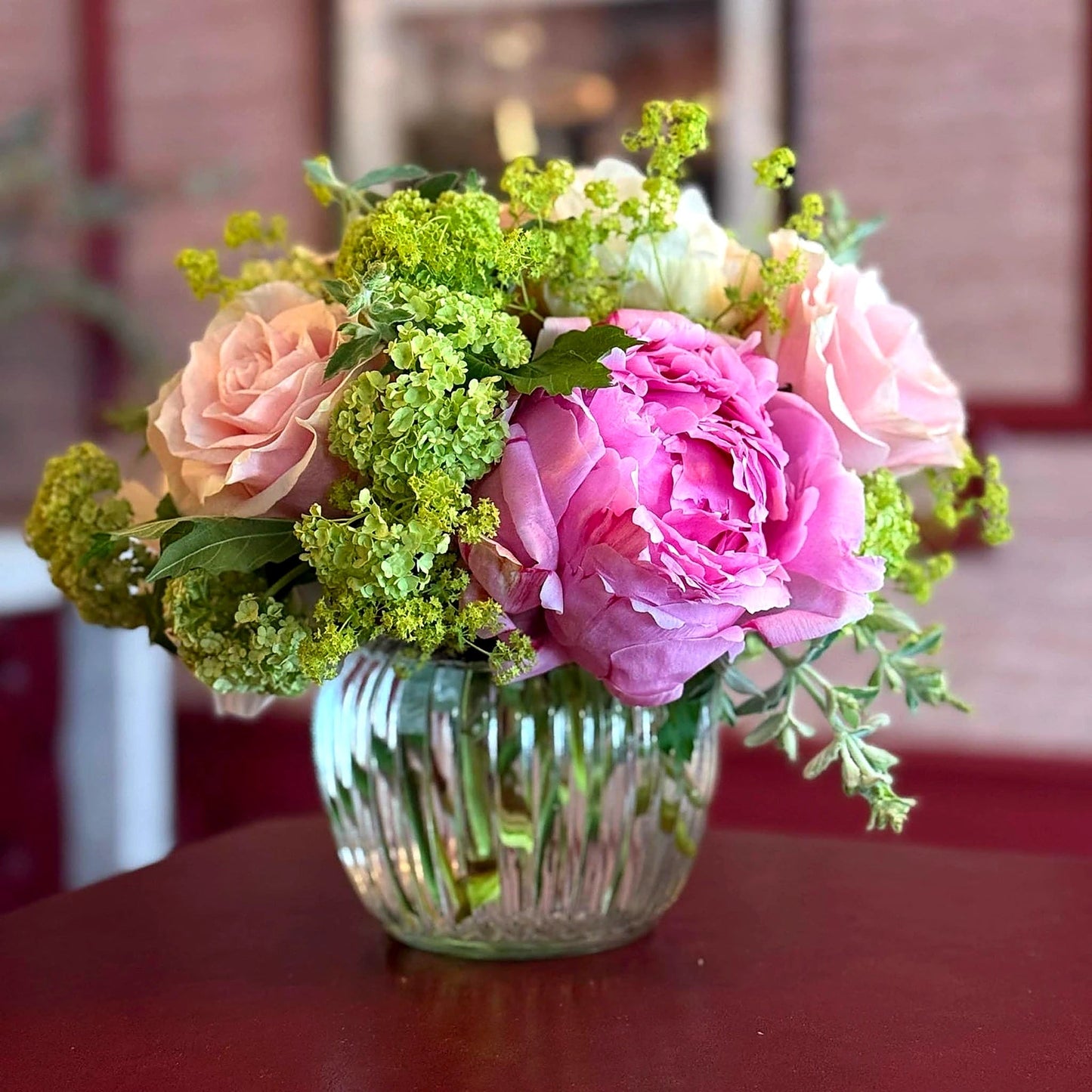 Summer Mornings Posy by Pulbrook Gould hand-tied posy of fresh-cut flowers in pink and green