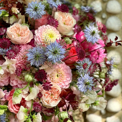 
                    
                      Summer Pastels Pulbrook and Gould hand tied bouquet vase arrangement in pastel pink and blue with fresh cut flowers
                    
                  