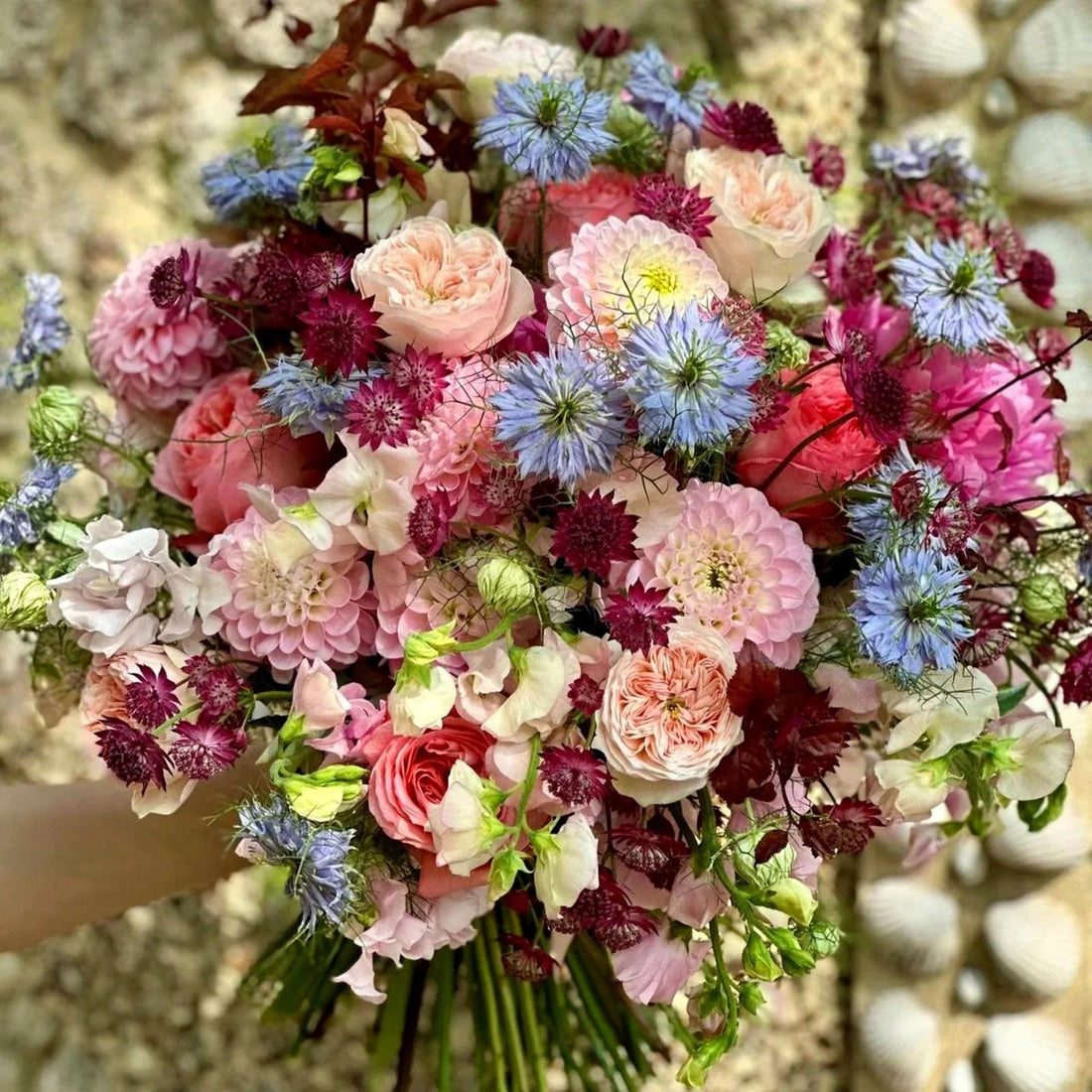 Summer Pastels Pulbrook and Gould hand tied bouquet in pink, cream and purple with fresh cut flowers