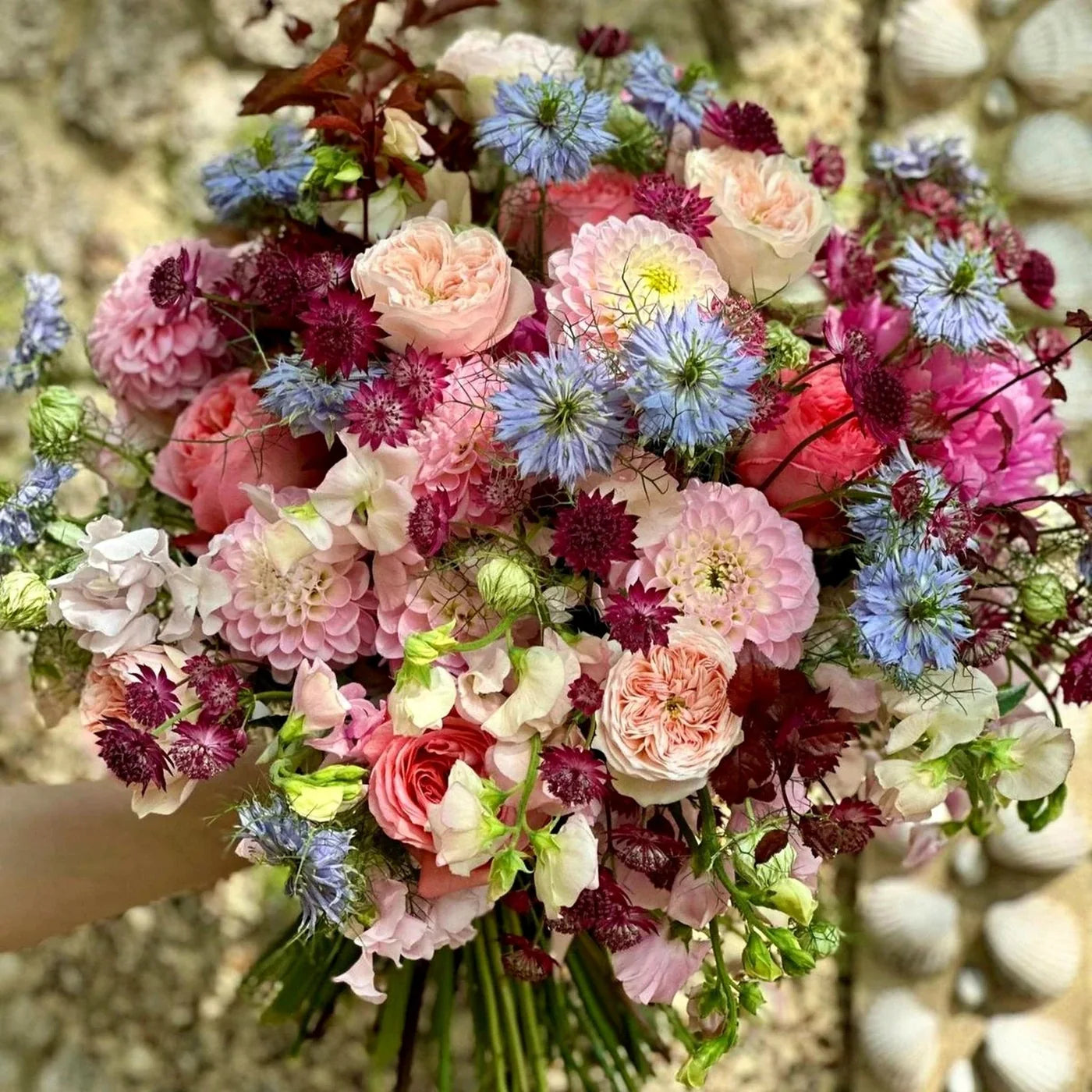Summer Pastels Pulbrook and Gould hand tied bouquet in pink, cream and purple with fresh cut flowers