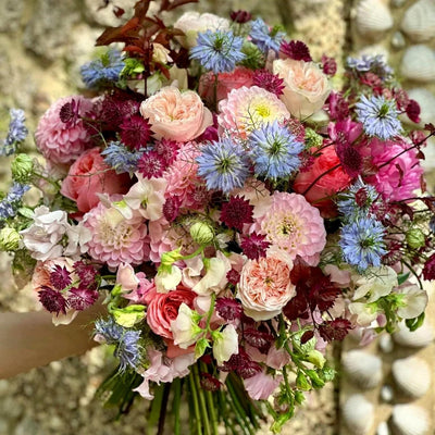 
                    
                      Summer Pastels Pulbrook and Gould hand tied bouquet in pink, cream and purple with fresh cut flowers
                    
                  