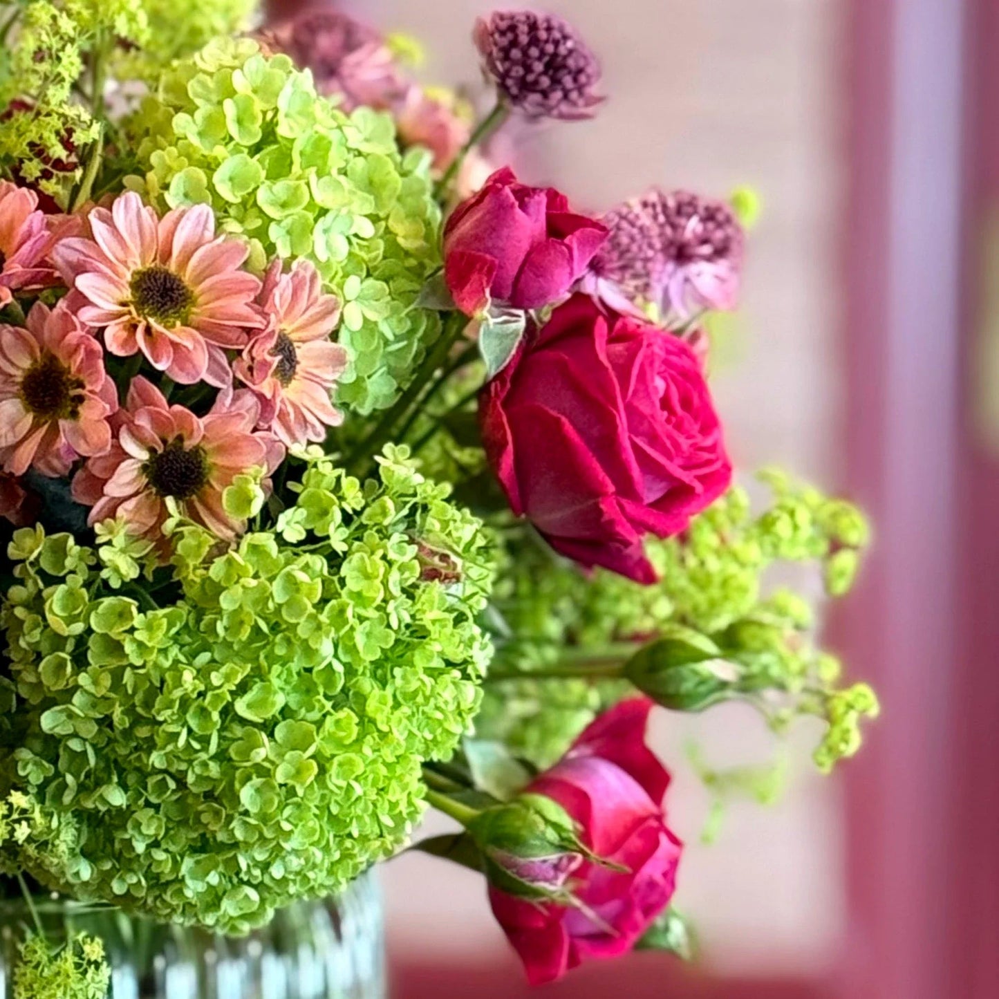 Summer Sparklings Posy by Pulbrook and Gould hand-tied posy bouquet with lime green and pink flowers