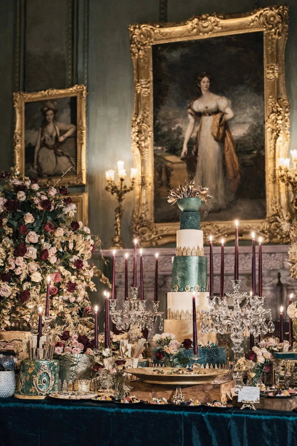 Opulent celebration cake table with candelabra, dark floral arrangements and gilt portraits in a grand, by Pulbrook & Gould