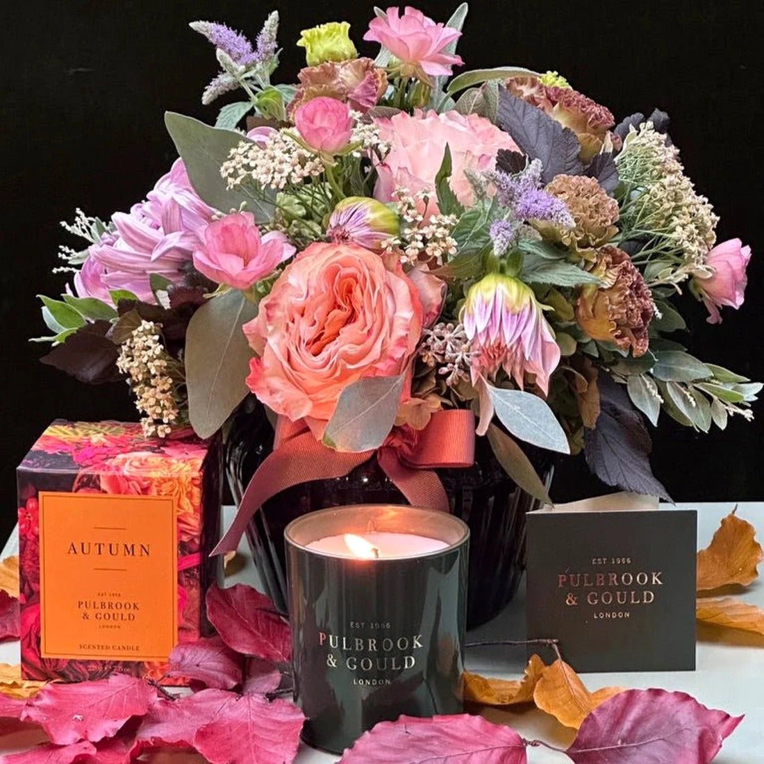 The Beaufort Posy by Pulbrook & Gould, coral rose and dusty pink dahlia posy with purple celosia and lavender veronica