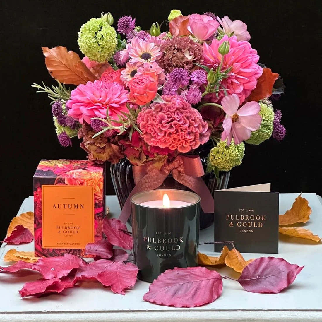 The Kent Posy by Pulbrook & Gould, pink dahlia and coral celosia posy with purple scabious and pale green viburnum