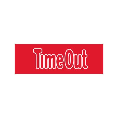 Red banner with white outline lettering reading Time Out on a plain light background